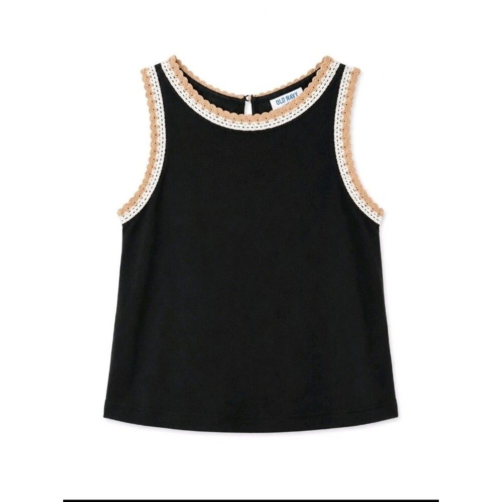 Old Navy Black Solid Round Neck Knit Cotton Crochet Trim Tank Top Girls M